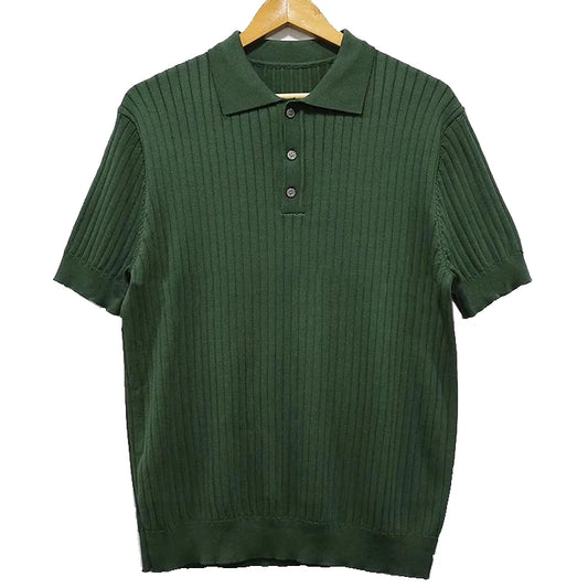 Summer Men'S Retro Knitting Lapel Stripe POLO Shirt Solid Color Thin Cozy Short Sleeve T-Shirt 2022 New